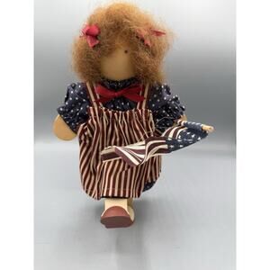 Primitive Folk Art Wooden Doll Patriotic Americana Flag Handmade Standing 10”